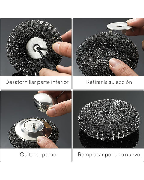 Estropajo de acero inox con mango y 3 recambios | Limpieza eficaz sin esfuerzo